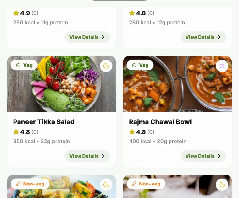 The dish catalogue in the Meal Molecule app